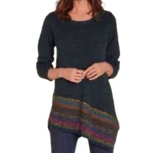 Soft Surroundings Raku Green Asymmetrical Woven Striped Hem Tunic Sweater XS